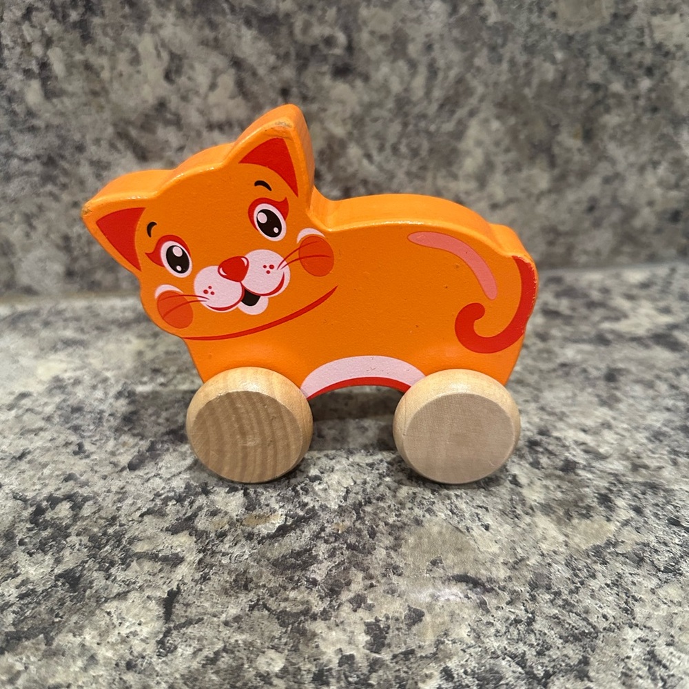 Orange Wooden Cat Kids Toy On Wheels